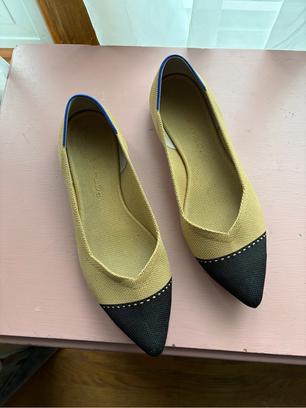 Rothy’s Pointed Toe Two-Tone Knit Ballet Flat - Camel and Black